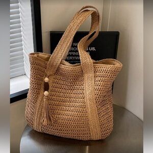 Boho straw large tote top handle summer bag
